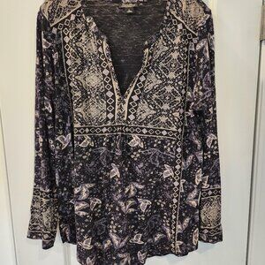 LUCKY BRAND BLACK/BLUE/IVORY TUNIC TOP SIZE LARGE